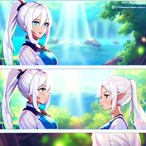 Clear focus, 8k, beautiful lighting, vibrant colors, Elf, White hair, ponytail, hair in between the eyes,