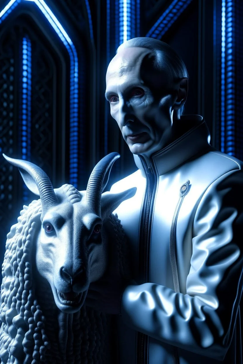 putin holding a goat in the style of giger, spraypaint, photorealism, trending on artstation, 8k, depth of field, downlight, lightrays, volumetric, white hall podium, brown and blue