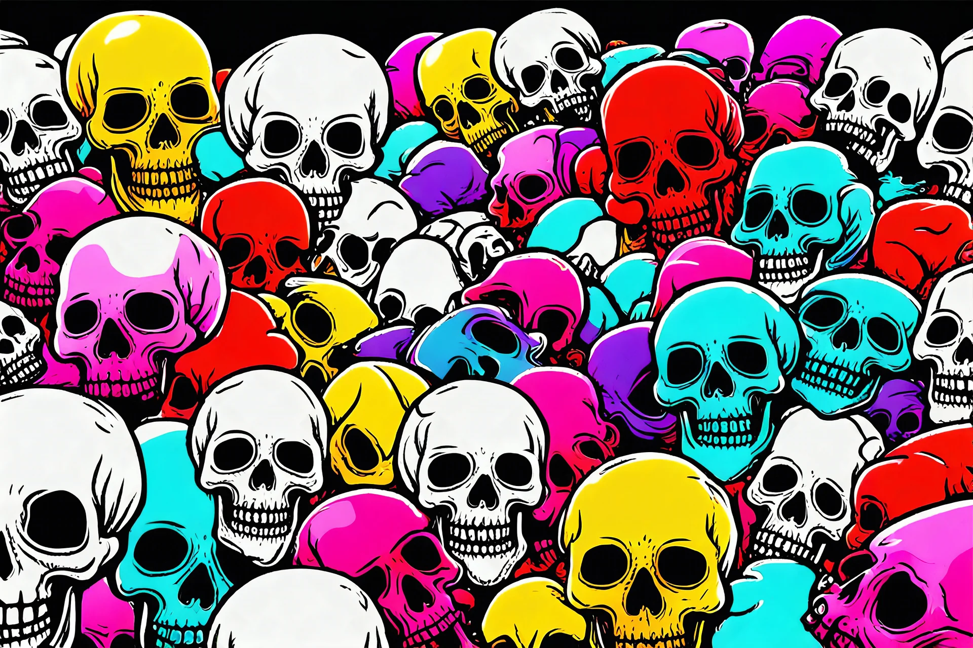 a field of 1000s of cartoonish, anatomically correct, skulls, vivid RANDOM BRIGHT neon colors, dark comedy, well lit, high detail, photorealistic, horrorcore, fun, scary, none featured, each a different color or hue,
