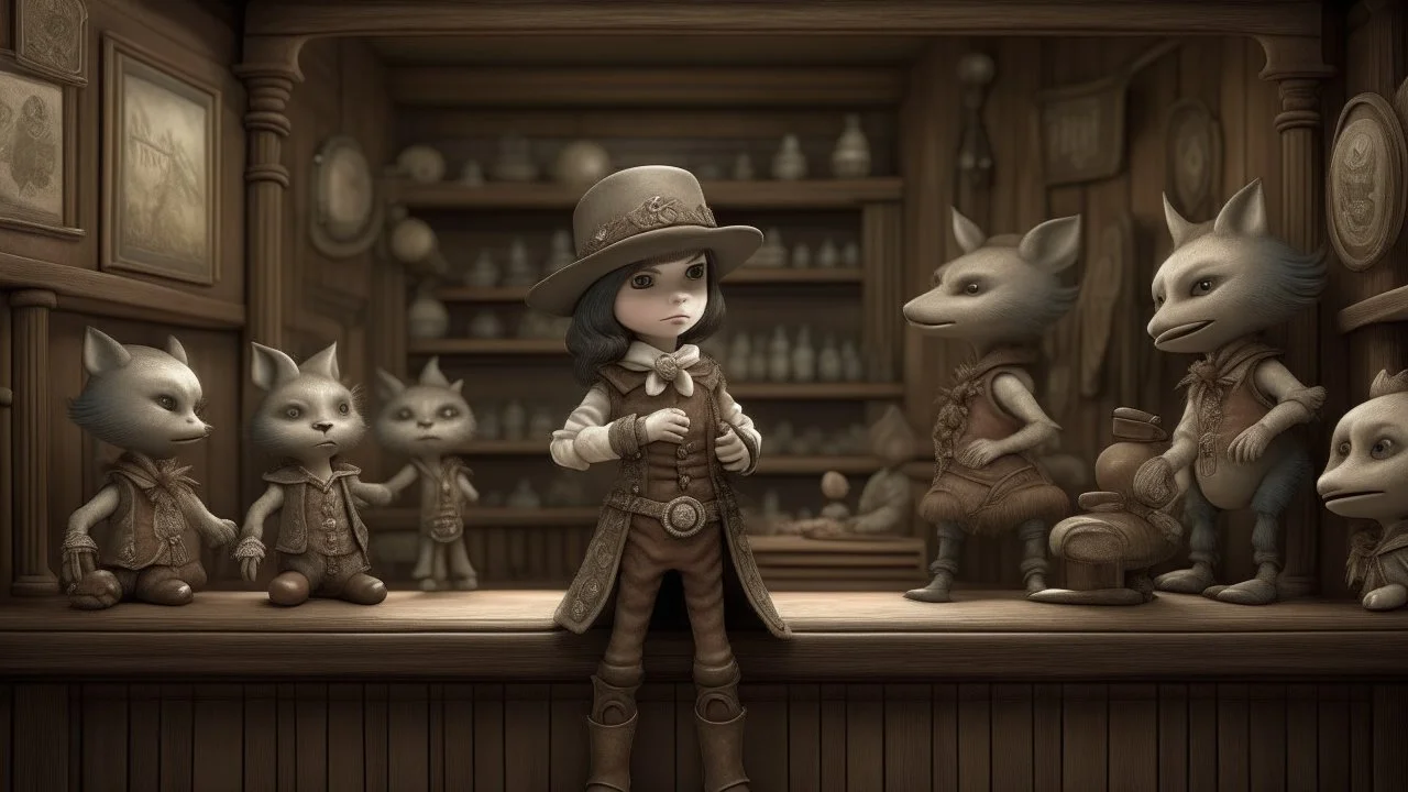 gunslingers cantina old west, 1 9 7 0, by nicoletta ceccoli, mark ryden, lostfish, max fleischer, depth of field, detailed and intricate environment, 8 k resolution, hyperrealistic, octane render de - noise film aesthetic,