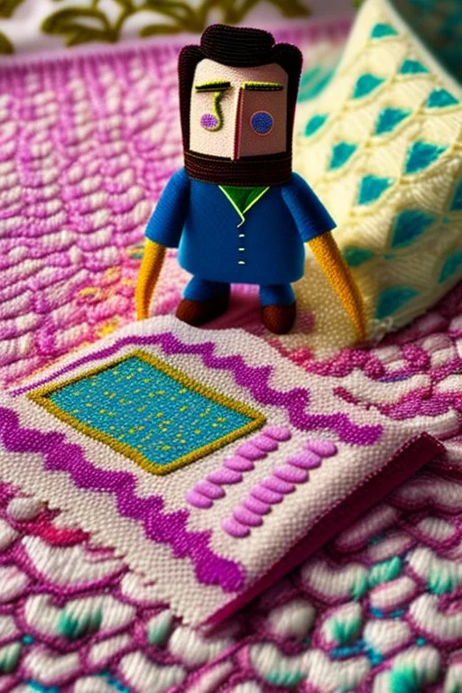 Hand sewn and embroidered extremely cute Jon Hamm, threads, sewing needles on a table on lace blanket in a luxury bedroom, centre, bold colours elegant fantasy 8k beautiful dynamic lighting award winning imperial colors hyperrealistic ultra detailed 4K 3D high definition crisp quality colourful hdr in sunshine