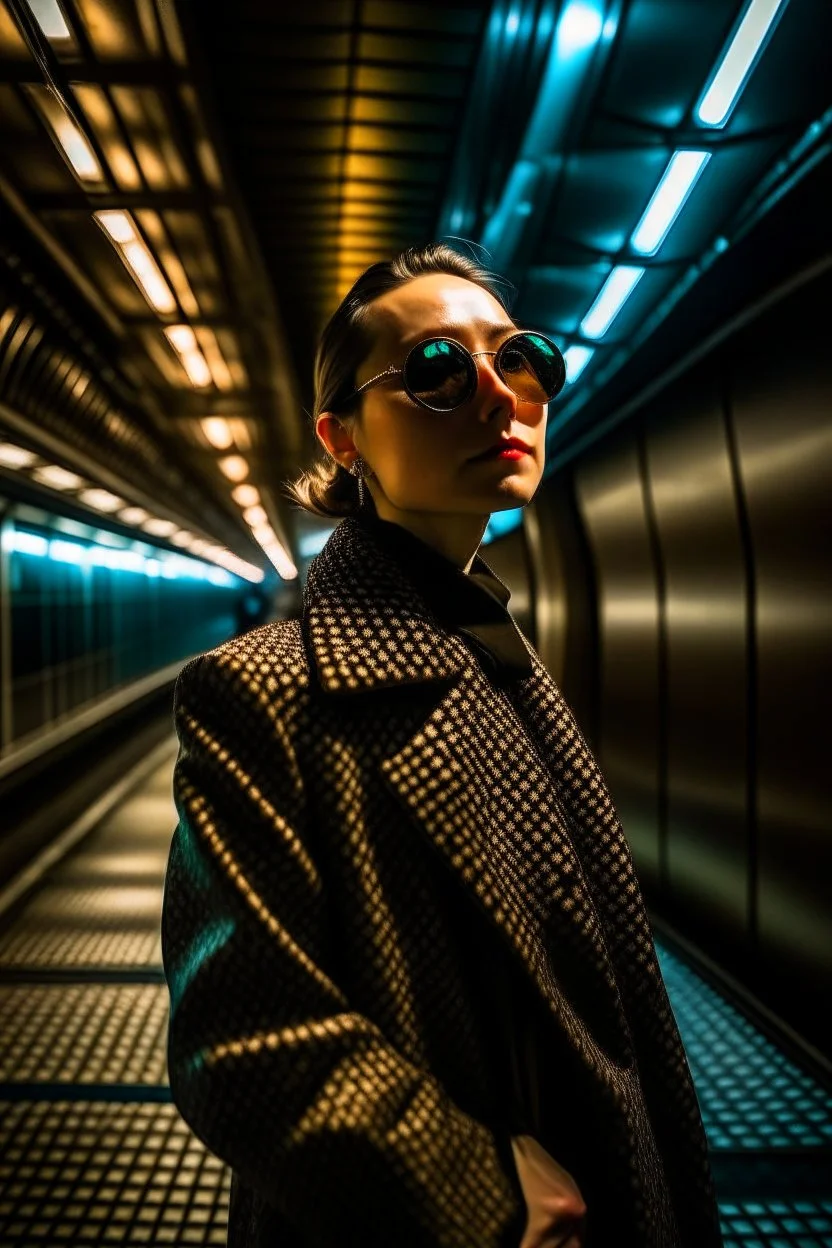 Woman in a dress and jacket, and sunglasses, looking slightly upward, under a bright vault fashion photography, real photography, 16K, background shot in tokyo at night, shot on leica, fashion portrait, by kith