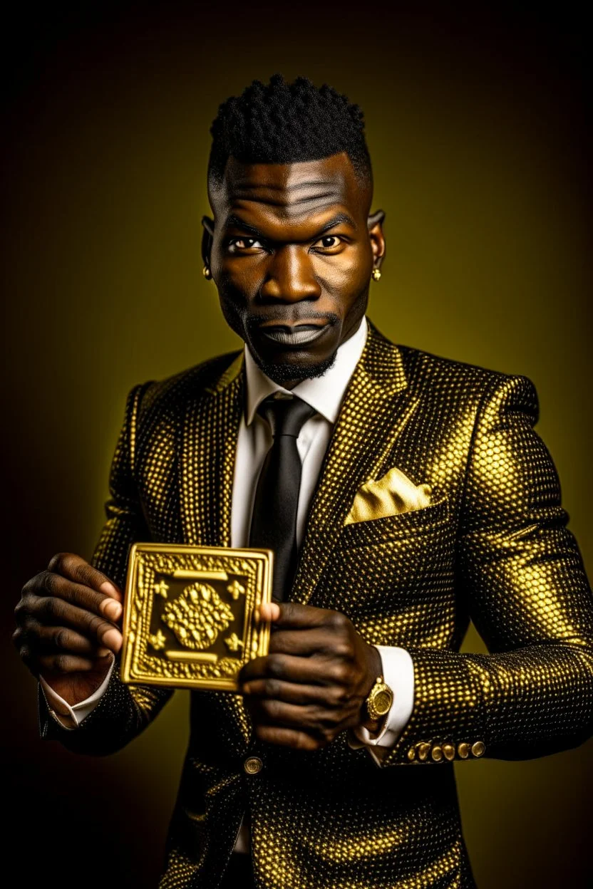 Dashing black man in a suit with gold trimmings. He's holding a deck of cards.