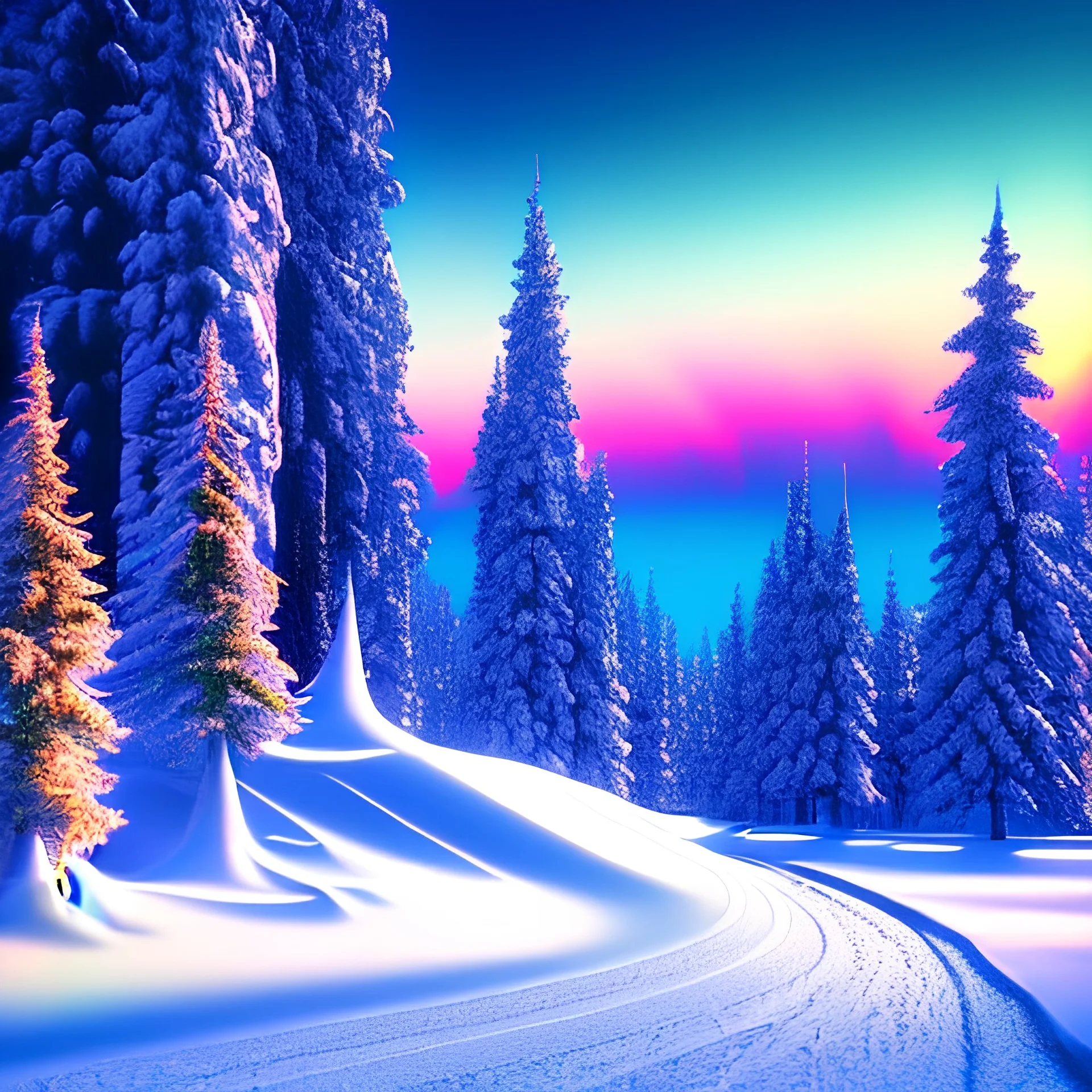  winter, snow, vaporwave aesthetic, synthwave, colorful, psychedelic, artstation, concept art, smooth, extremely sharp detail, finely tuned detail, ultra high definition, 8 k, unreal engine 5