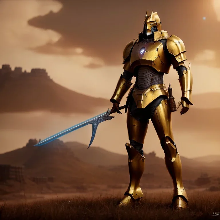 a lone paladin wearing golden armor, no helmet, medieval battle background