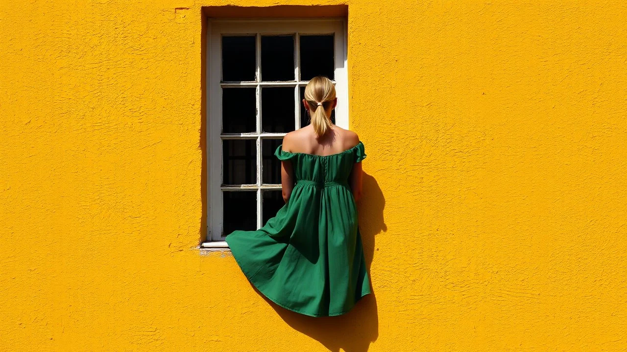 A lone figure of a young woman, seen from behind, sits in a window frame. She is wearing a flowing green dress and her blonde hair is pulled back. The window is set into a textured, bright yellow wall. A strong shadow, cast by an unseen object, stretches diagonally across the lower left portion of the wall, contrasting with the vibrant yellow. The interior of the window is dark, with a hint of a reflection or interior structure visible in the panes. The overall mood is serene and contemplative,