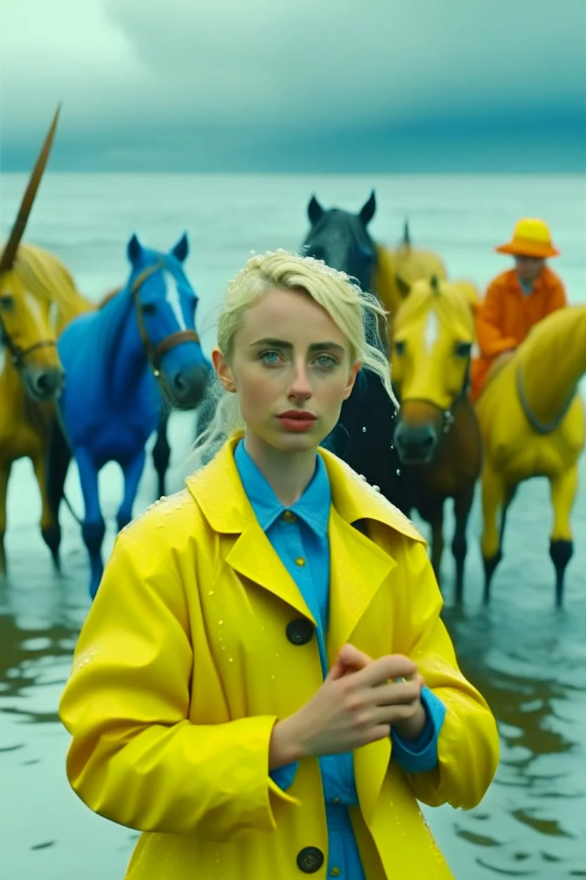 In the music video, a 23-year-old woman with blonde hair and bright blue eyes stands in the sea, se has a bun. dressed in a yellow fisherman's jacket ag. She holds an umbrella, but it offers no protection from the pouring rain. Around her, heavy horses are moving. The rain is pouring heavily. She is standing in the middle of the sea. You can see here completely. Horses only the girl and horses, i wanna see the horses dancing around her.. NOT SEXY!! middle of the sea, green pants