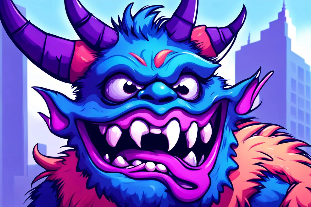 closeup of a smiling monster's face, big teeth, fur, bumps and horns, my pet monster inspiration, urban character design