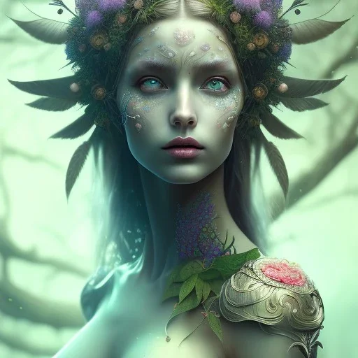 Portrait of beautiful girl, plant, metal, feathers, Dryad, fae, sidhe, ominous, nature, plants, wildflower, facepaint, dnd character portrait, intricate, oil on canvas, masterpiece, expert, insanely detailed, 4k resolution, retroanime style, cute big circular reflective eyes, cinematic smooth, intricate detail , soft smooth lighting, soft pastel colors, painted Renaissance style,bokeh, 800mm lens