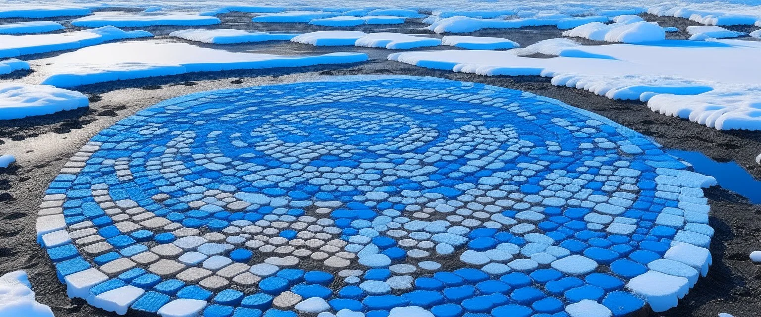 An indigo snow covered tundra made out of ice cream near a frozen lake designed in ancient Roman mosaics