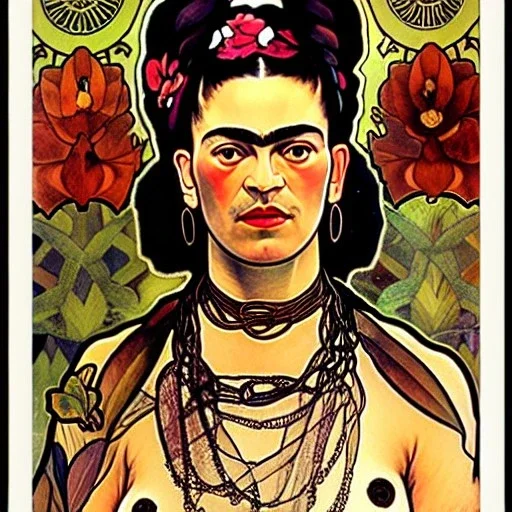 A beautiful portrait of Frida Kahlo by alphonse mucha, japanese tatoos, 4k, high details