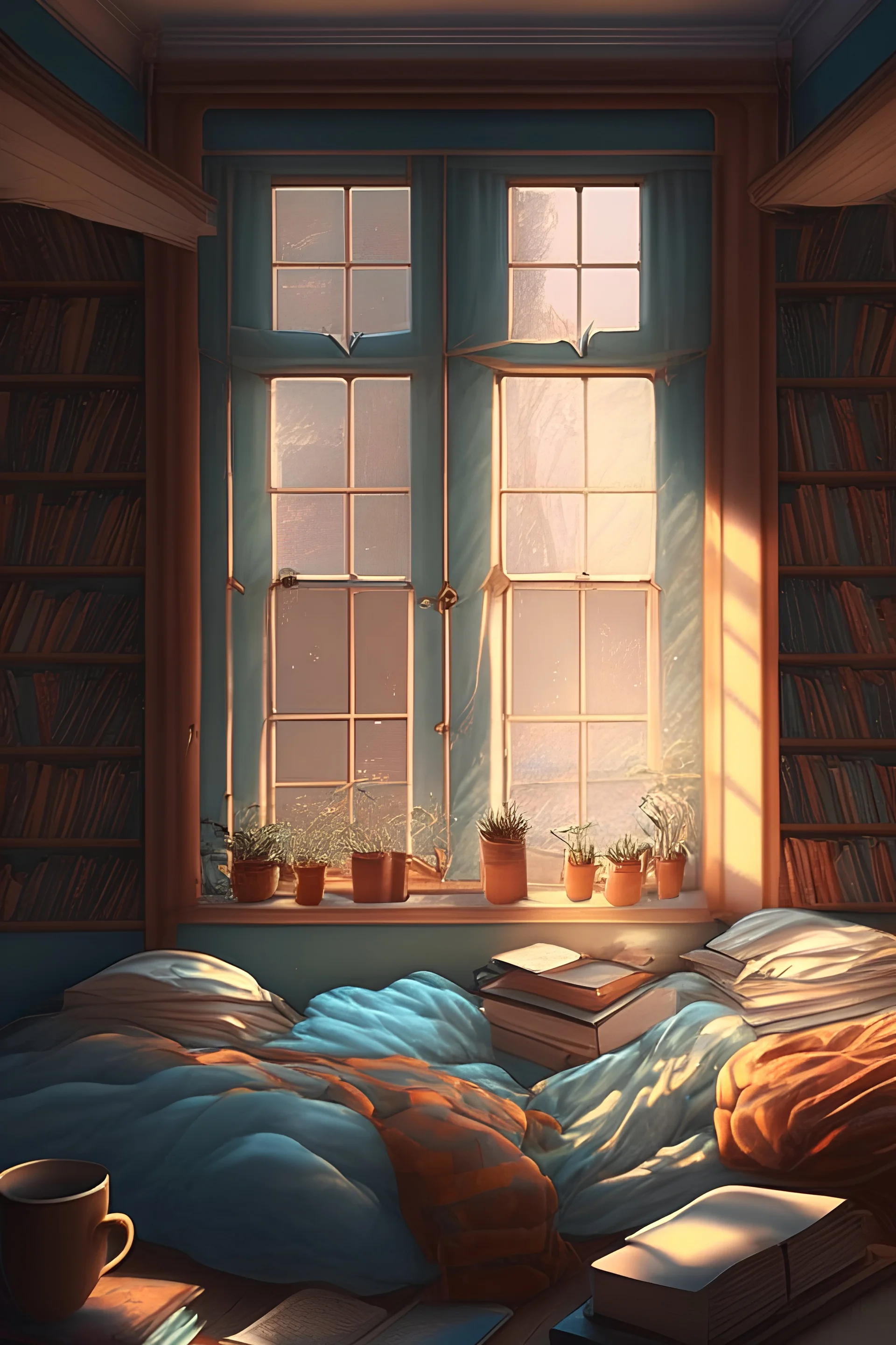 Room , four beds , students , sleeping , tablet , cup of coffee , books , big window