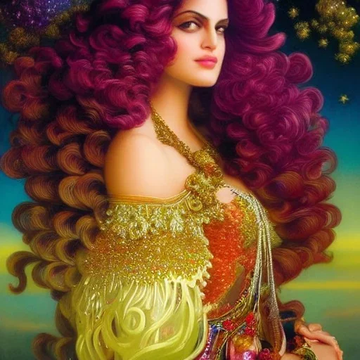 Hyperdetailed oil on canvas, gia carangi, detailed face, long hair, surrounded by luminous colorful sparkles, gypsy, grapes, blueberries, plums, sumac, purple by anne stokes, gaspar camps, maxfield parrish, alphonse mucha, cyril rolando, airbrush, depth of field, octane render, volumetric lighting; deep colors, symmetrical, cinematic, high coherence, golden ratio, rule of thirds, perfectly centered; anatomically correct faces, by james r. eads, ilon wikland art, vladyslav yerko, joanne scribner