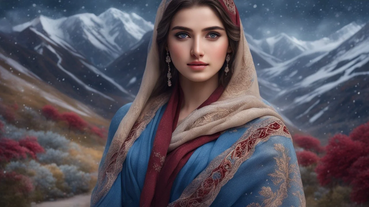 Hyper Realistic close-up-view of a Gorgeous-Young-Pashto-Women-with-beautiful-blue-eyes whirling wearing blue-grey-dress & beige-shawl-with-maroon-embroidery on mountains-with-flower-garden at snowfall night withy dramatic & cinematic ambiance