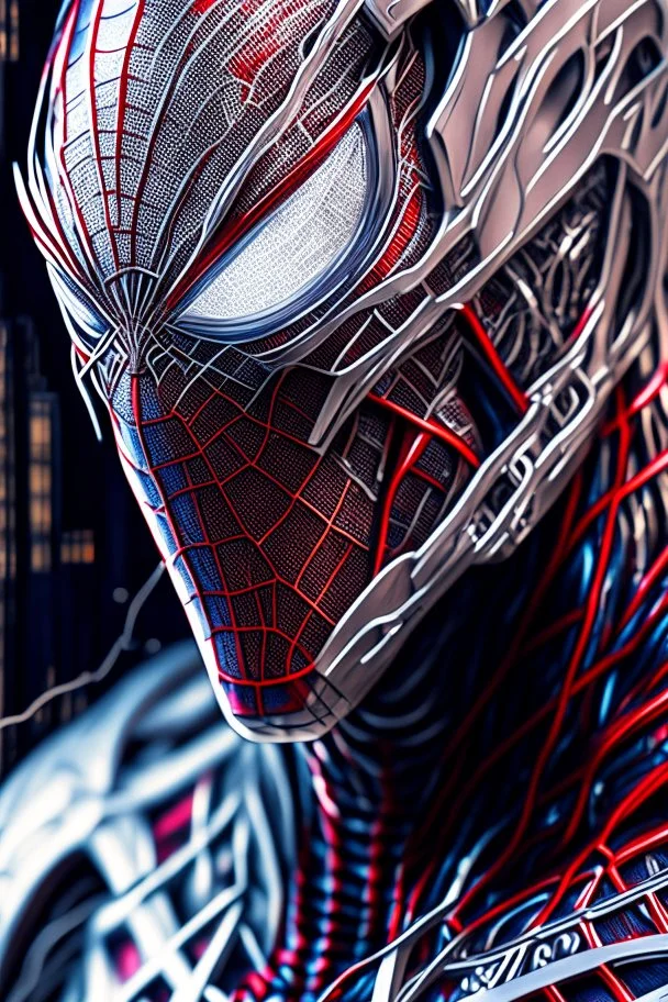 Arte lineal Spiderman cyborg, calidad ultra, hiperdetallado, maximalista, color blanco, increíble obra