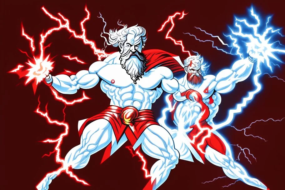 A detailed illustration of Zeus holding two lightnings in front of himself. One lightning is red and the other one is white. He is moving them together and there are flashes of lightning exploding from his powerfull move. The lightning is in the shape of half the letter Z. The red half is the top half, the white half is the bottom half. Zeus is wearing a red cape, has powerfull facial expresion, has white beard and long white hair with a gold Zeuz, greek, like crown. Lightning in the back.