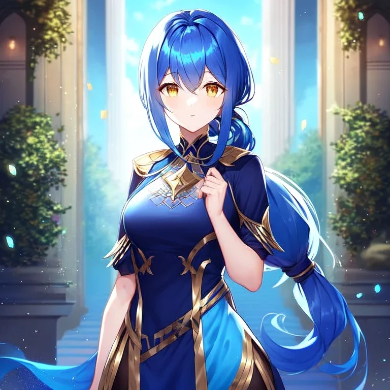 girl, masterpiece, best quality, volumetric lighting, detailed outfit, perfect eyes, blue hair, long hair, golden eyes, low ponytail,