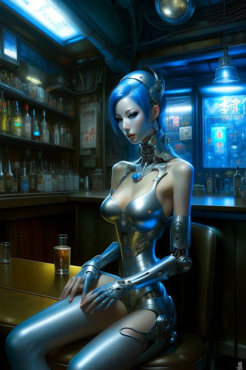 A digital painting by Kuniyoshi and Hajime Sorayama of a beautiful gynoid inside a cyberpunk bar.