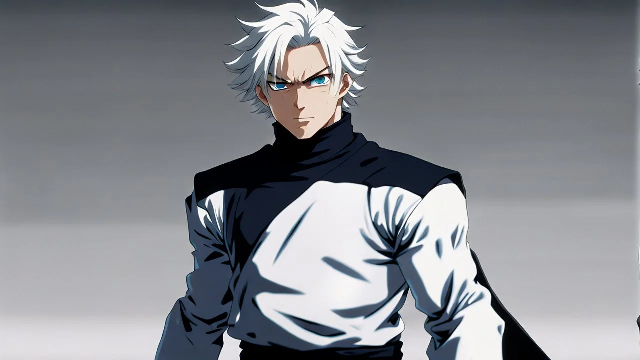 Satoru Gojo is a young guy white hair blue eyes black turtleneck without arms white loose pants in a defensive pose