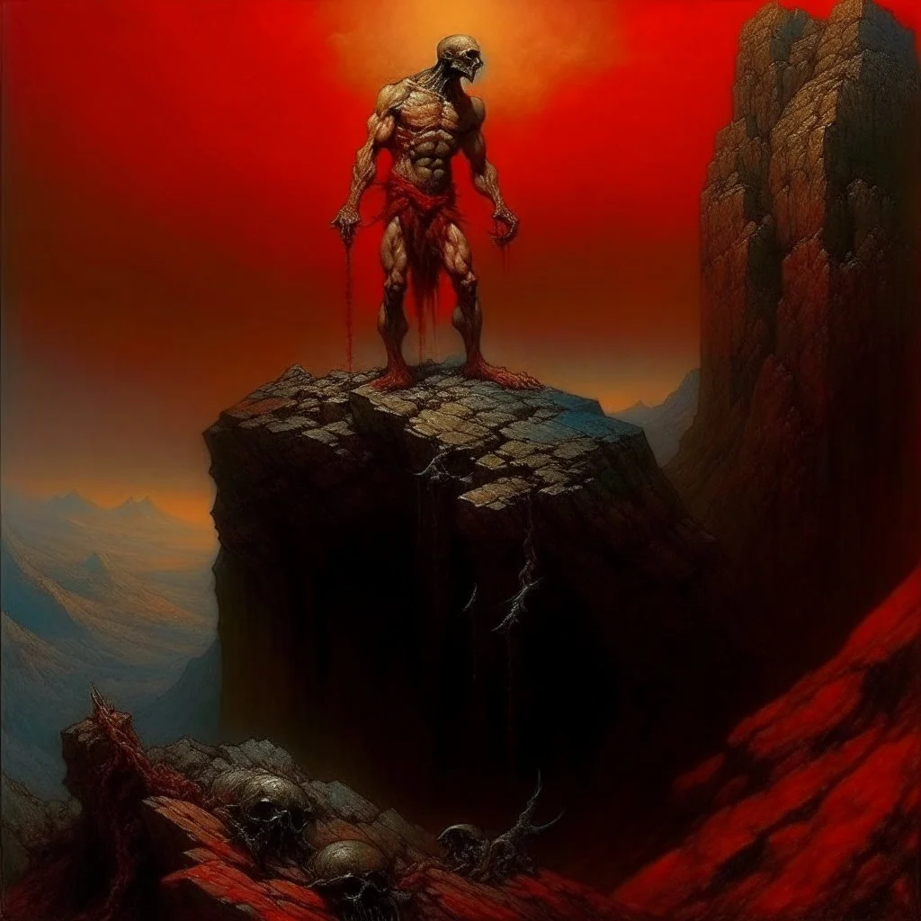 dramatic medium brush stroke matte oil painting, cursed Prometheus the Titan god chained to the top of a mountain where vultures eat his liver, Dramatic, complex contrast, dynamic composition, expansive, diagonal offset composition, Greek Mythology, focused, red hues, by Zdzislaw Beksinski and Jim Dine