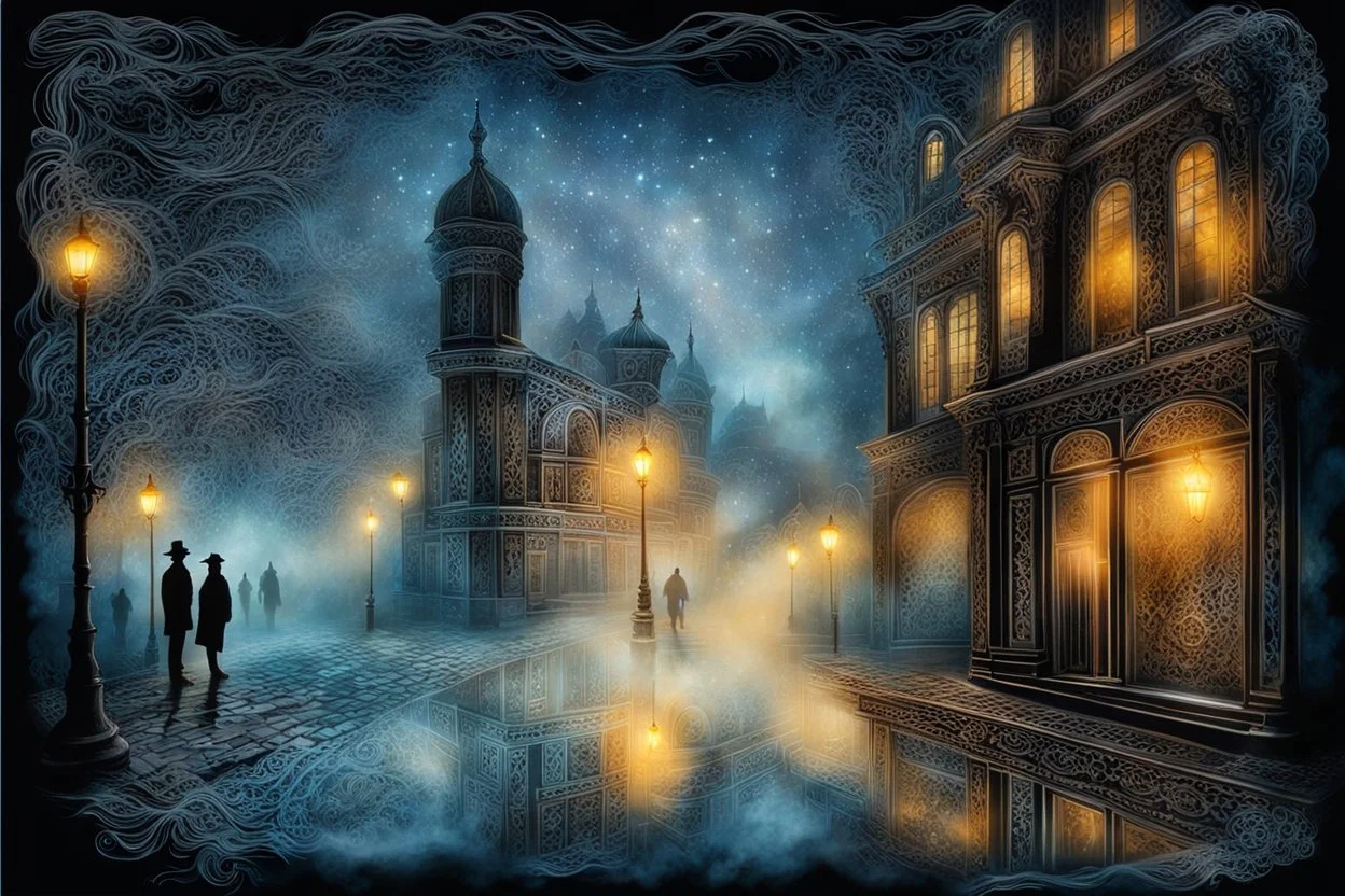 wide shot from unique made of lace, street scene behind a foggy glass, blurred silhouettes, impasto, long exposure, night, ink painting stunning landscape of different elements, epic glowing night background fantasy, highly detailed , masterpiece deep surreal background, cinematic