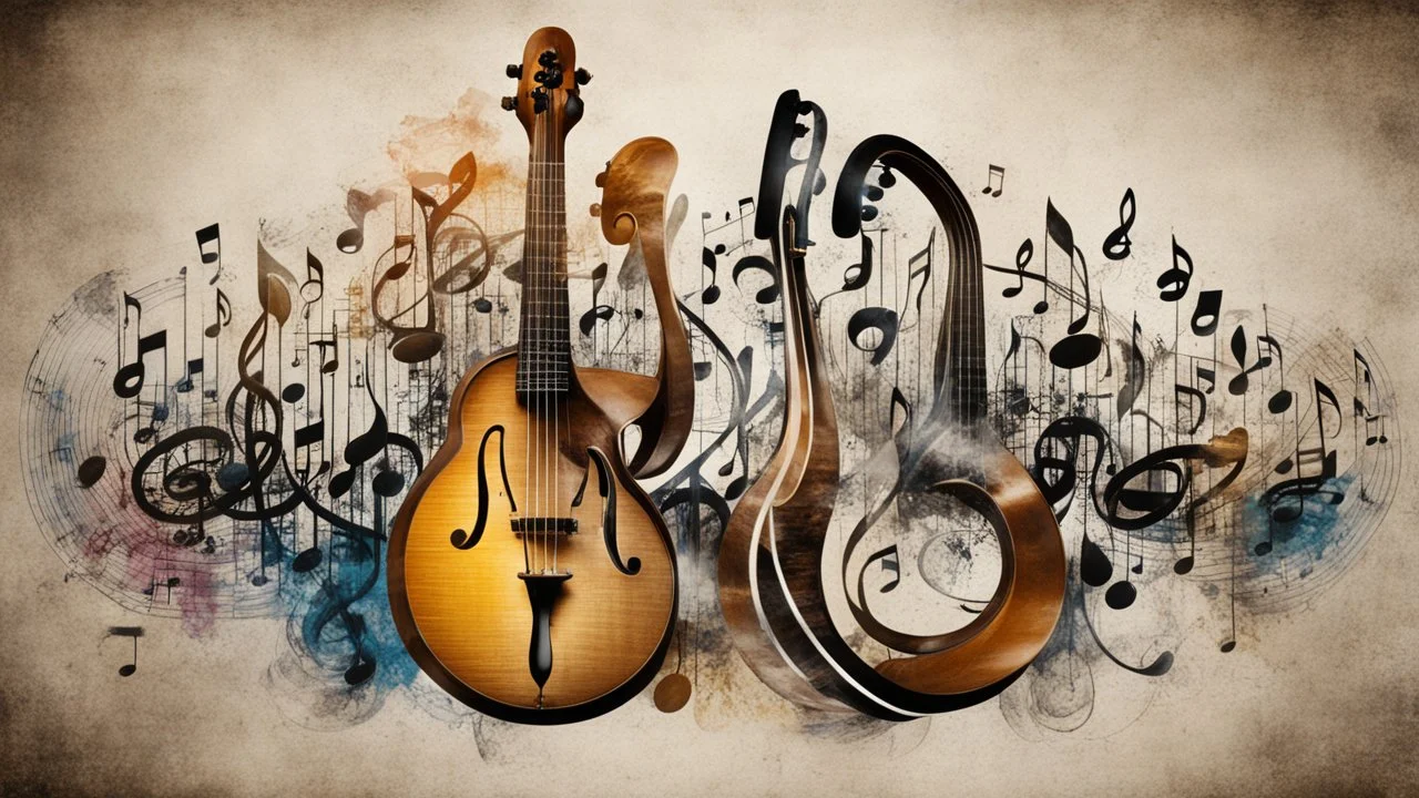 music is language, language is music, notation, treble clef symbol, musicians performing, instruments, sound waves, beautiful detailed colour photograph