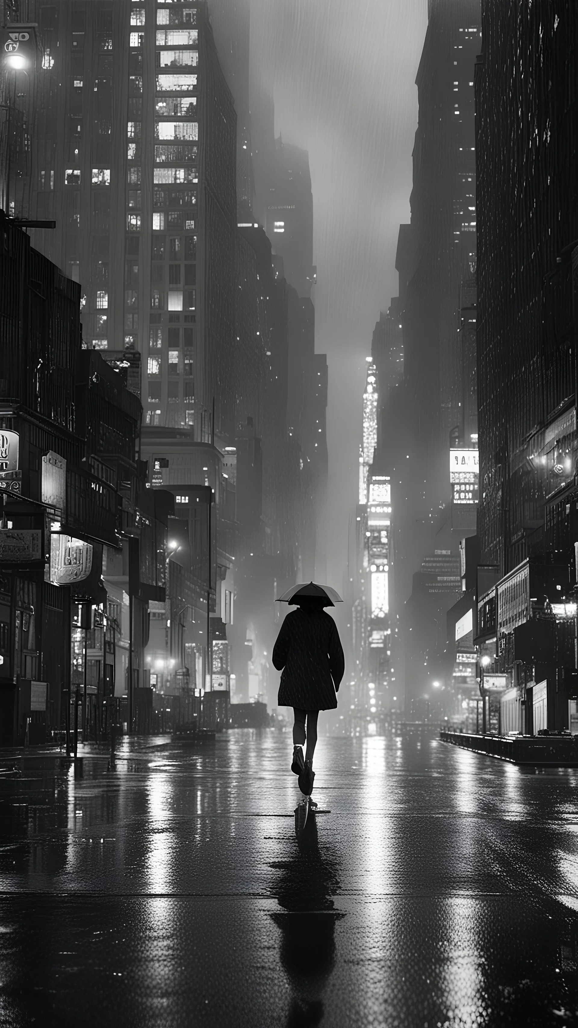 new york late night, tall skyscrapers, girl walking down the street in the rain, photographic, black and white