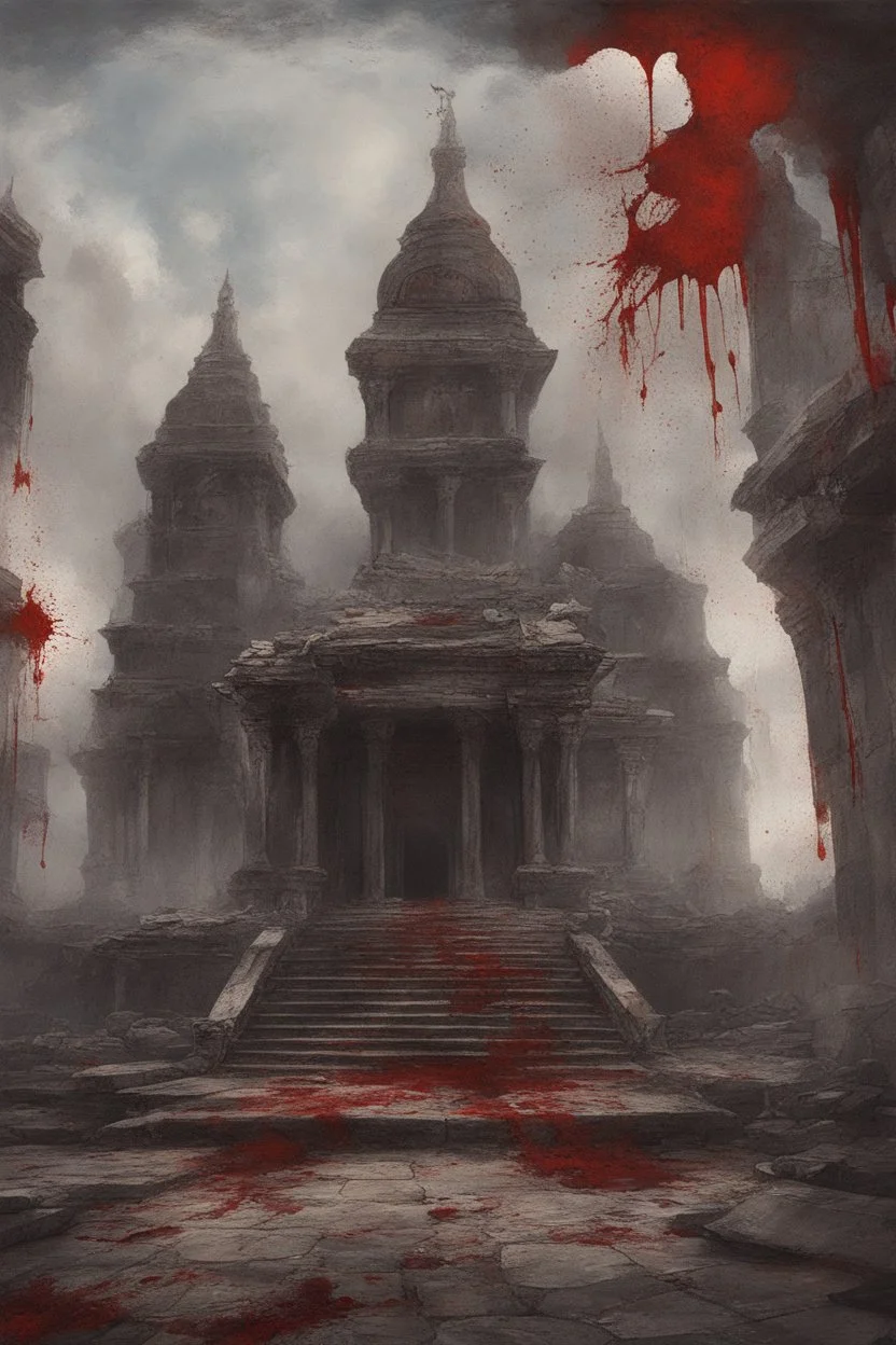 Broken temple with the floor covered in blood, detailed painting, sky of blood, bloody stone, creepy