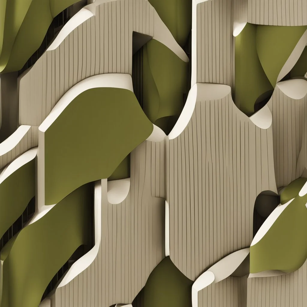 A building inspired by olive kernels, rendered in a contemporary abstract style.