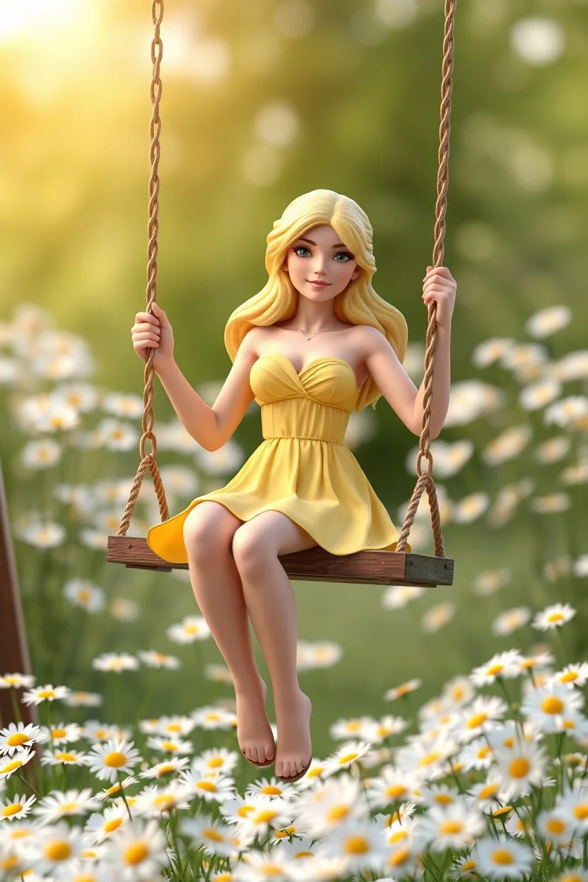 A blonde very attractive goddess in a short yellow dress playing on a swing, many daisies in the background of the image, 3d model, very detailed