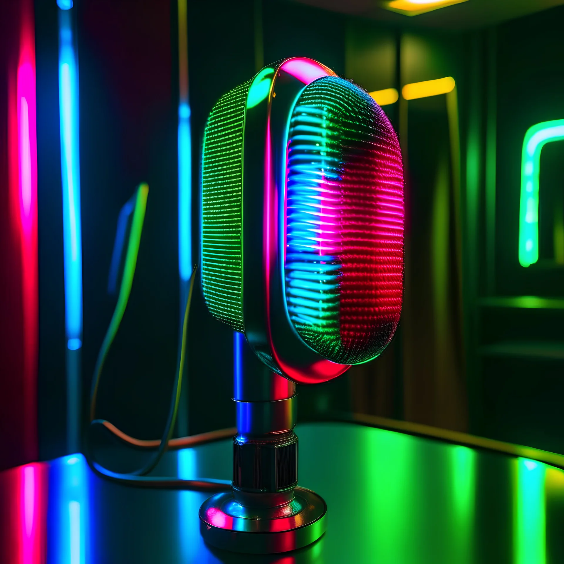 neon microphone placed on a mirror