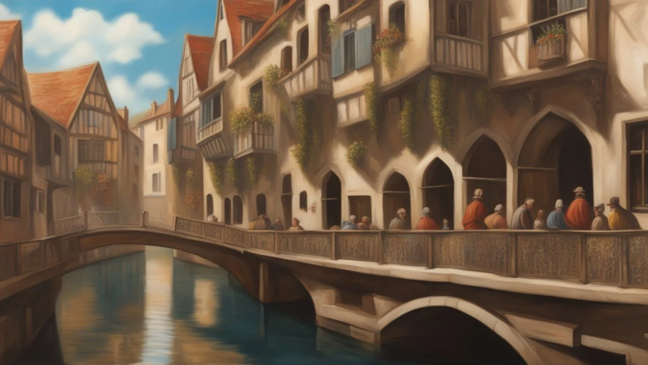 medieval buildings with balconies overhanging a canal, blue sky and people, photorealism, trees, piers, fantastical, intricate detail, people, ultra-sharp image