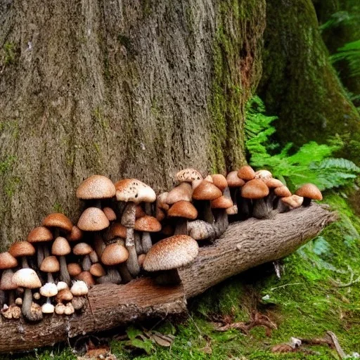 Mushroom city,fallen log, plentiful mushrooms,fantasy