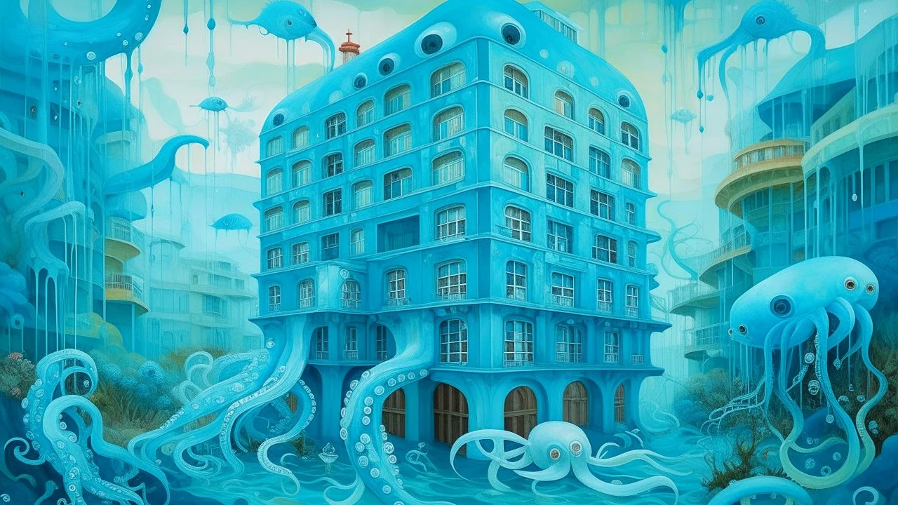 A blue underwater squid themed hospital painted by Qiu Ying