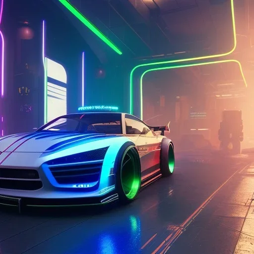 cyberpunk hyper car,cyberpunk 2077, ultra realistic,shiny, smooth, studio quality, octane render, Surrealism, Triadic colour scheme,glow-stick, ambient lighting,nightclub lighting, polaroid, 100mm, --ar 1:1 --v4