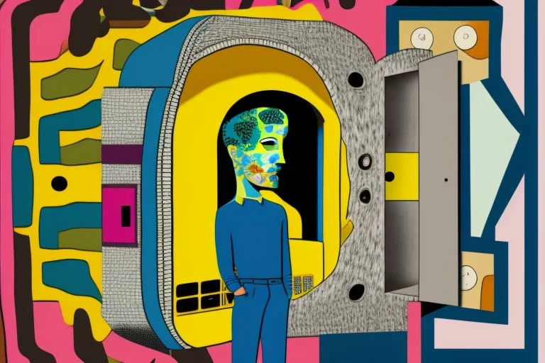 man with head inside a Hole in the wall bank machine in the style of Eileen Agar