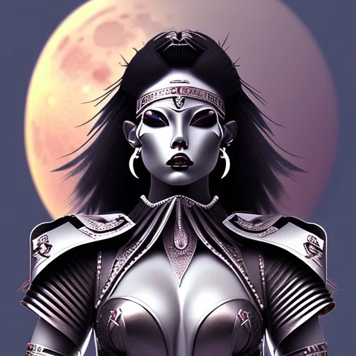 black hair lady warrior top with blade under the Moon