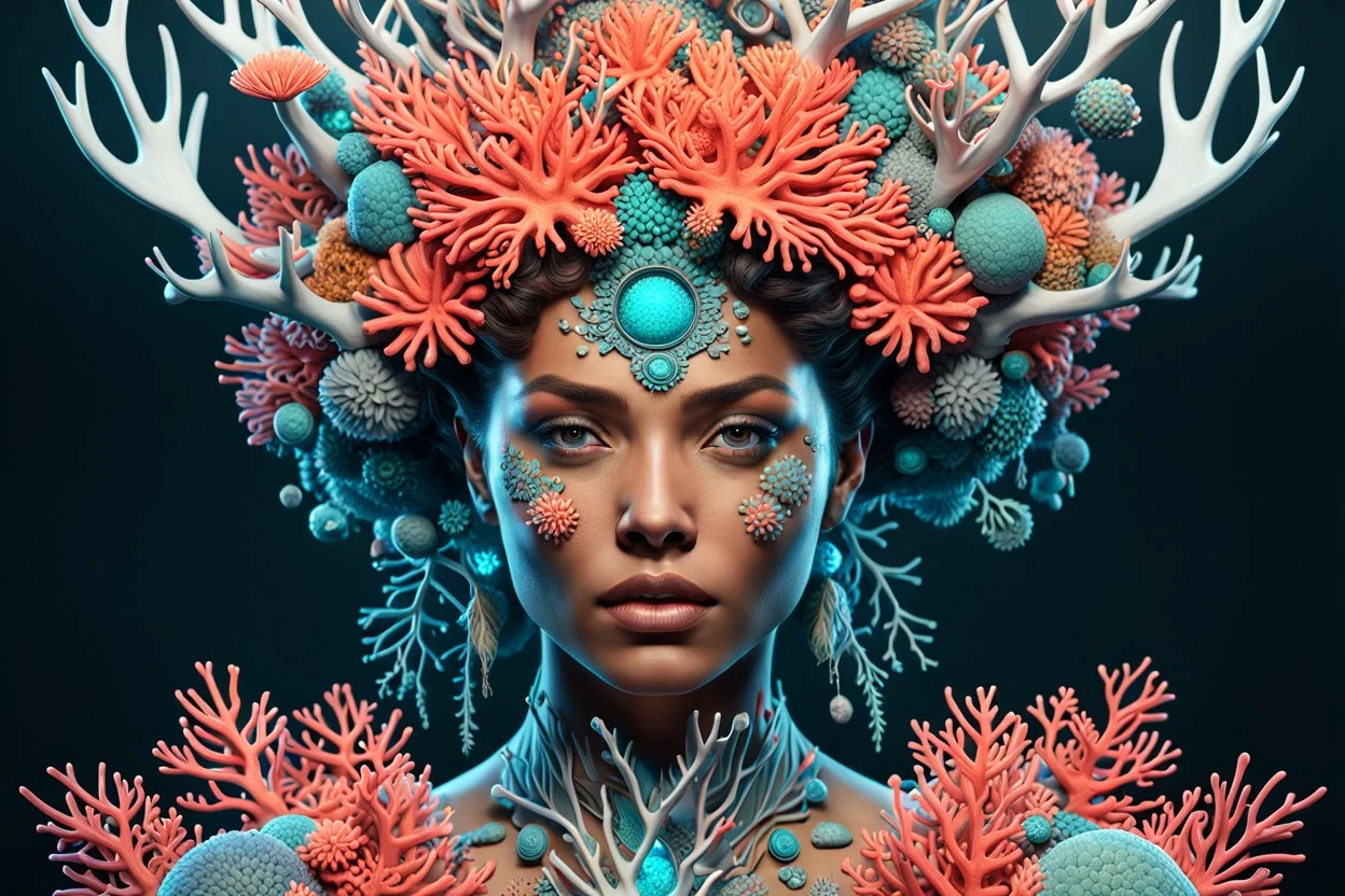 woman 3D rendering of an impressively detailed and complex hyper-realistic "coral": front view, colorful, antlers, rainforest, tribalism, detailed flowers, shamanism, cosmic fractals, dystopian, octane rendering, post-production 8k, dendritic, artstation: award-win : Professional Portrait: Atmospheric: Powerful: Fantastic: Clarity: 16k: Ultra Quality: Astounding: Brightness: Stunning Colors: Stunning Depth