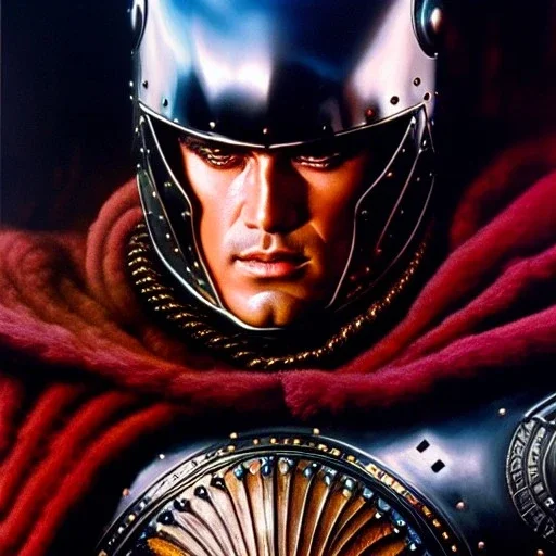 portrait of 'Guts-Berserk',ancient metal armor,painting by Earl Norem, simon Bisley, evan lee, 86-86, oil on canvas, cinematic composition, extreme detail,fit full head inside picture,8k