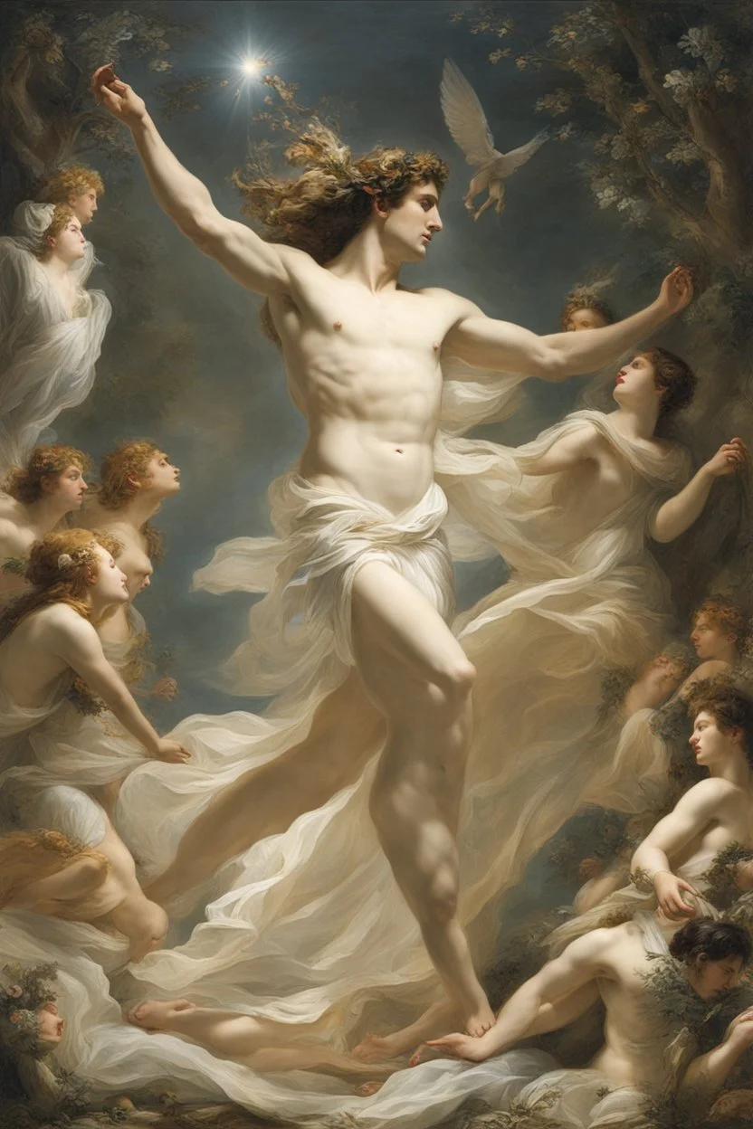 [real model in flesh] In the ancient realm of gods and nymphs, a mesmerizing scene unfolds as Apollo, the divine embodiment of music and light, ardently pursues Daphne, a nymph who resolutely rebukes his amorous advances. The composition brims with an electric energy, as Apollo extends his hand in a desperate attempt to seize Daphne, who, with unyielding determination, strives to elude his clutches. Apollo's resolute pose and unwavering expression vividly convey his relentless pursuit, while Dap