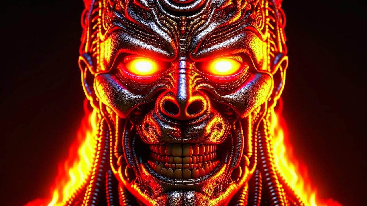 4K, ultra detail, full realism portrait terminator iron maiden logo full face flames in the background