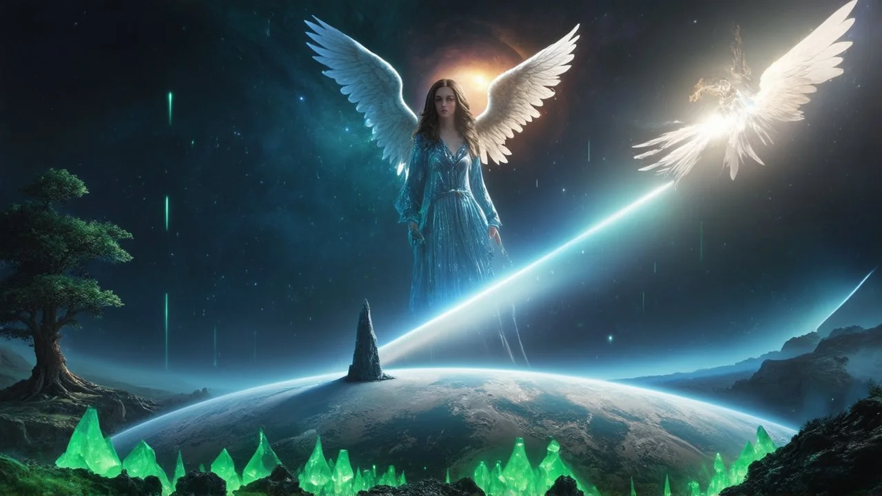 matrix universe, space, planets, god creation, angels from other dimensions with beautiful wings, trees on the planet, behind green crystals of light, few tiberium monolith deposits on the planet near tree,