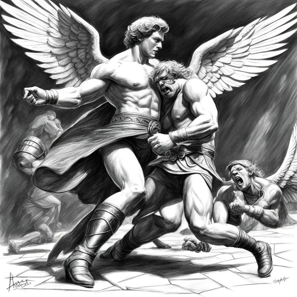 (black and white traditional pencil sketch digital drawing on paper by Ray Harryhausen) Jacob wrestling with angel
