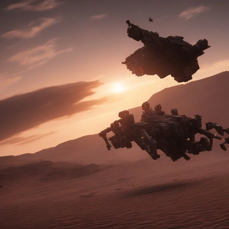 Armored Core machine robot fights another Armored Core fly in the sky in the desert with the ocean where you can see the space in the sky with the twilight on the horizon, 4k resolution