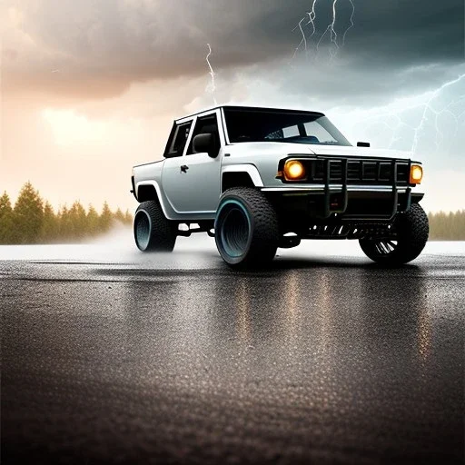 stylized photorealistic shot, toy RC truck, monotone color palette, sharp focus, puddle reflec1tion, tire mud splashes, refraction, mist on the horizon, thunder and lightning, overcast shadow, detailed and intricate, cinematic composition, 8k, micro, tilt shift photography, bokeh, anamorphic lens