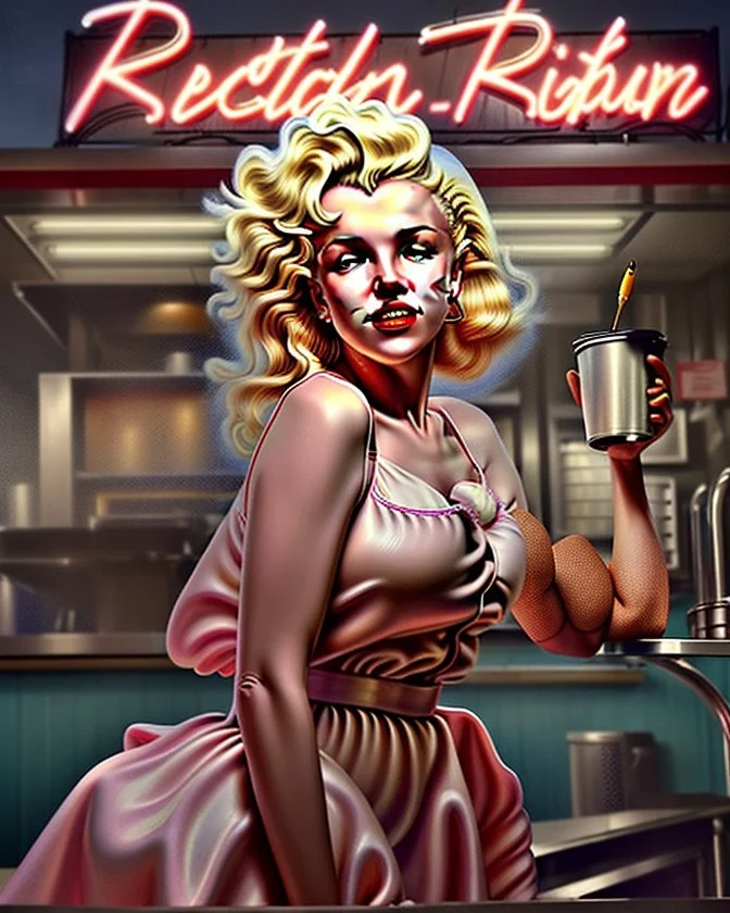 A hyper-realistic digital painting in an ultra-wide 2.39:1 cinematic aspect ratio depicts "Rockin’ Bites Drive-In" during golden hour, showcasing Marilyn Monroe as the central figure. She is a radiant blonde with perfect platinum curls and vibrant red lipstick, clad in a crisp pink waitress uniform and a frilly apron, gracefully balancing a tray loaded with classic burgers and creamy milkshakes. Elvis Presley, in a pristine diner cook outfit, stands confidently behind the grill, flipping burgers