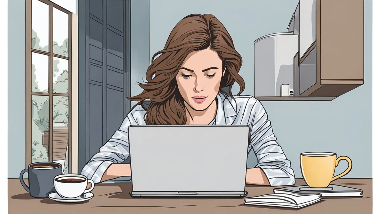 photo a woman hiding under bed and working on a laptop, she has half-length brown hair and wearing pajamas , pale light, half socks and a mug of coffee next to her, high detalied, sharp focus, high realistic photo, perfect shot