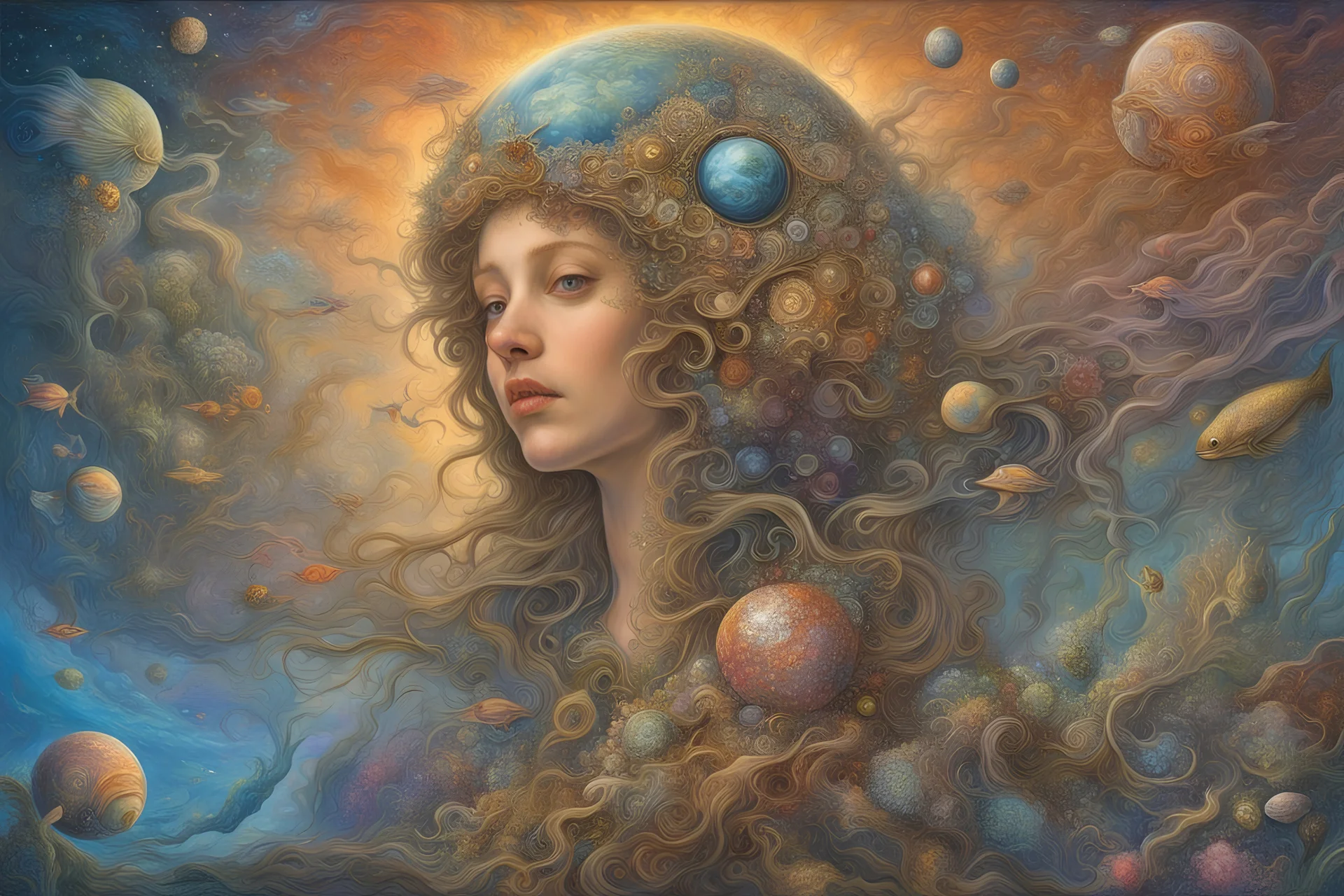 Names decorated with stars and planets Trees and imaginative underwater views, ornamental fish and coral perfect anatomy, fantasy, vibrant digital art professional award winning masterpiece, oil on canvas Atmospheric extremely detailed Josephine Wall