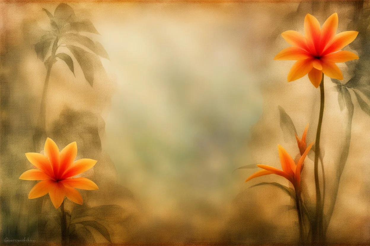 flowers, blur 5%, double exposure, merged layers, in the first part (near to us) of the picture you can see a plain sandblown smoked glass, engraved with a folk art pattern, the glass is cracked in several places, in some places the glass is broken, crumpled burlap, through it you can see a tropical rainforest with a waterfall, mist, fog, sunrise