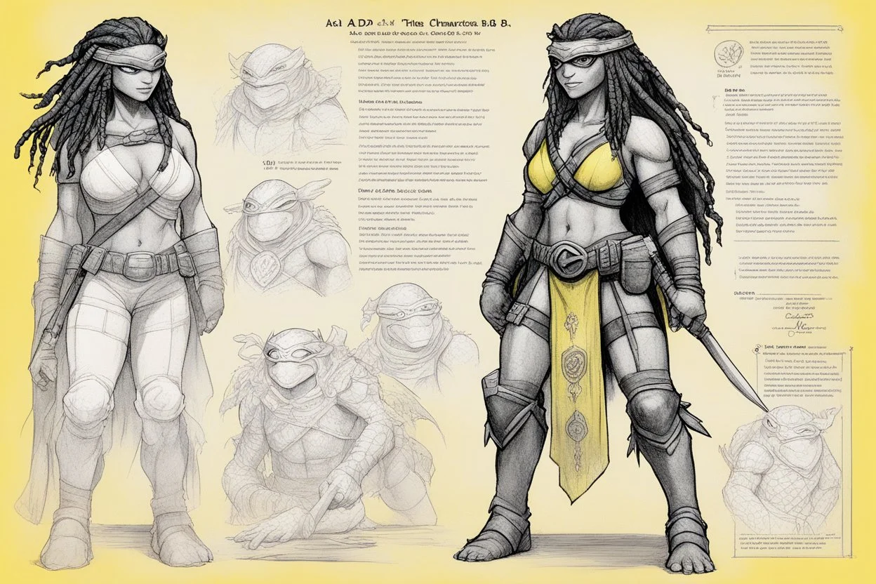 character concept sheet with AD&D statistics and characteristics, [high res pen sketch with a lot of strokes in stippling for TMNT module B3] Mona Lisa female Teenage Mutant Ninja Turtle, She has turtle skin partially made of scales, dreadlocks, and wears a yellow bra and a yellow eye mask. A protective shell is on her back, and she holds her bolas.